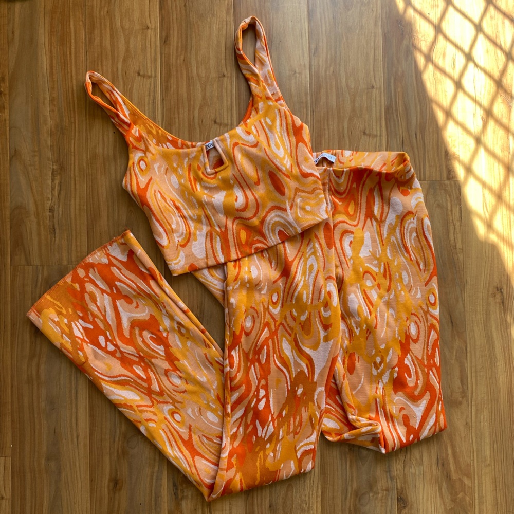Zara Jacquard 70s inspired Swirl Crop Top and Flare Pants Set